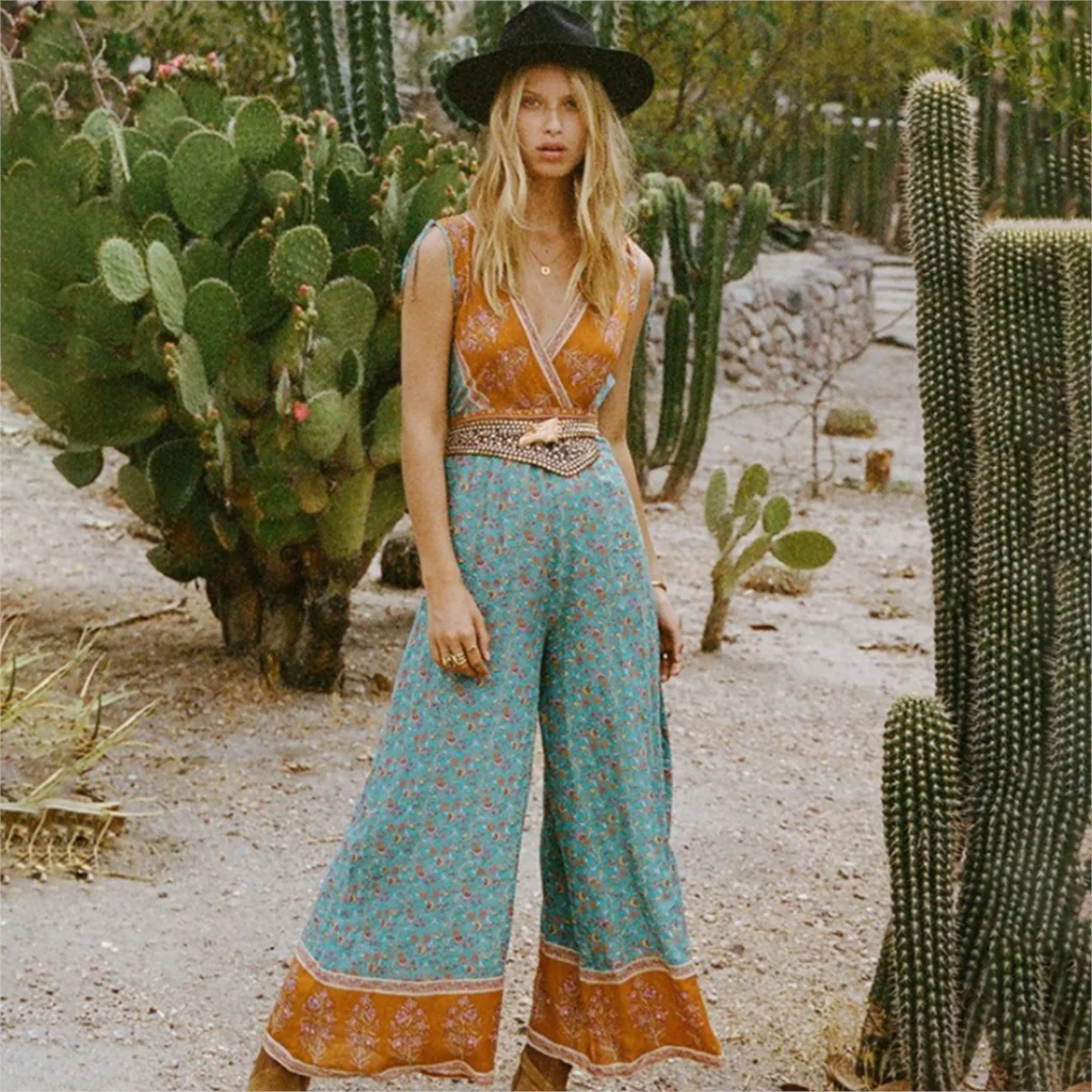 

Jastie Sexy V-Neck Sleeveless Jumpsuit Women Floral Print Long Romper Casual Boho Beach Wide Leg Pants Jumpsuits Loose Overalls