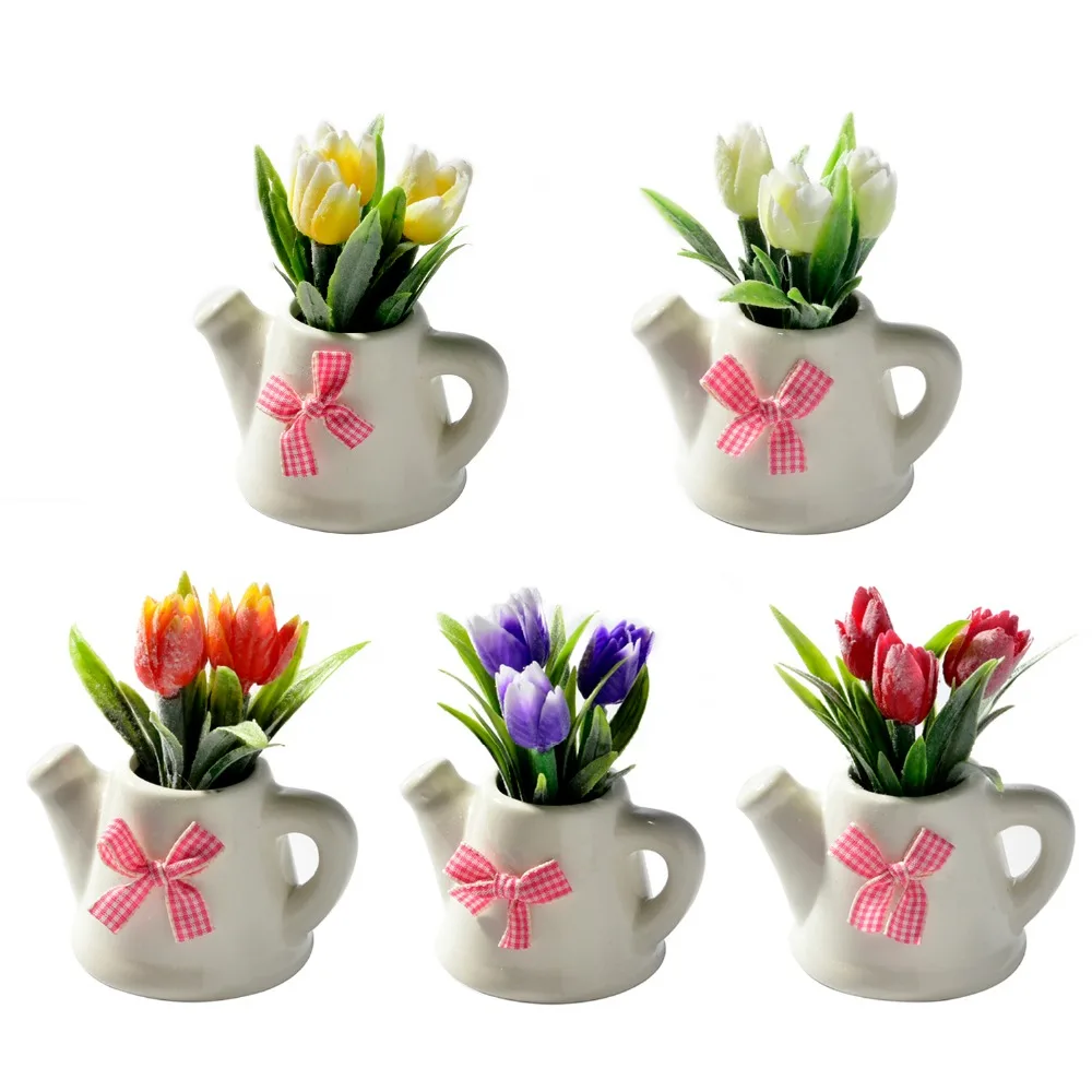 

Artificial Flowers Tulip+ceramic Pot Small Bonsai Fake Flowers Party Supplies for Living Room Garden Decoration Farmhouse Decor