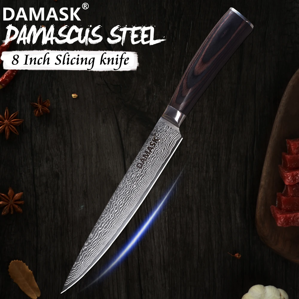 

Damask 8 inch Damascus Blade Slicing Knife Top Grade Damascus Kitchen Knife Suhshi Sashimi Meat Fish Vegetable Knives Cutlery