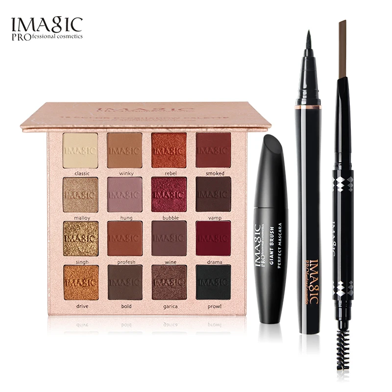 

IMAGIC 16 Colors Palette Shimmer Matte Eyeshadow Black Colors Mascara Liquid Eyeliner Pencil With Eyebrow Pencil 4pcs/set