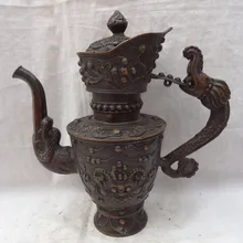 Bi001750 1" Китайский Бронзовый Буддизм Резные Дракон Львиная Голова Статуя Чайник Вина Пот Набор