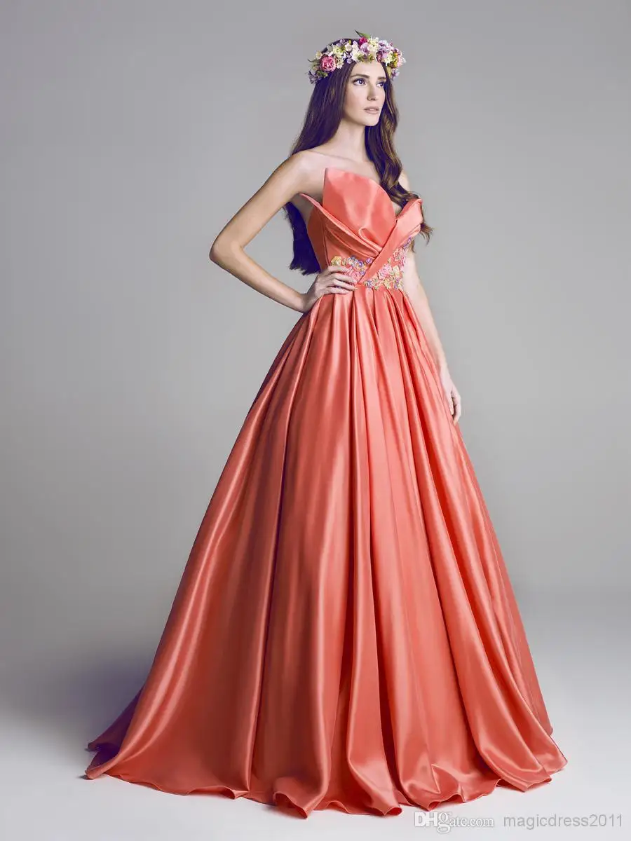 2015 Elegant Long Evening Dress Pink Satin Applique A Line Court Train Sweetheart Backless Dresses Prom Party Gowns | Свадьбы и