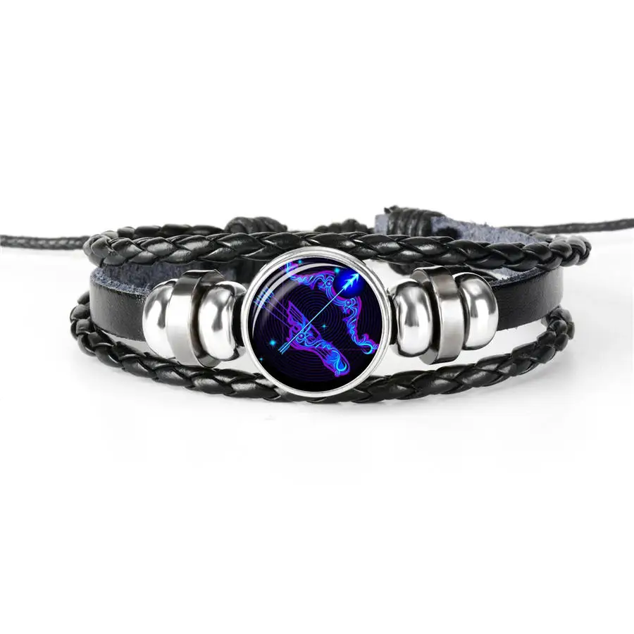 Новый 12 созвездий Знак зодиака Черная Плетеная кожа Рак Leo Virgo весы Тканые