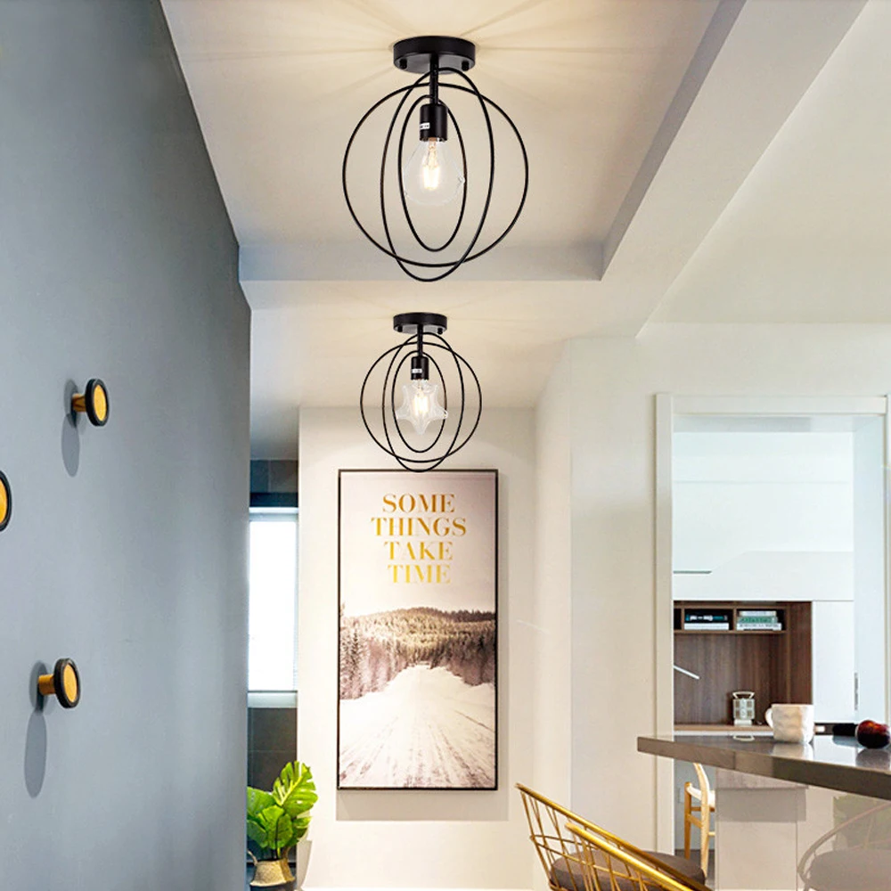 EGOBOO Modern Vintage Ceiling Lights Iron Black/Golden Ceiling Lamp Retro Cage Light Kitchen Fixtures Home Lighting
