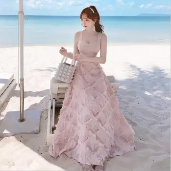 

Pink Women Long Maxi Dress Summer Sexy Spaghetti Strap Ladies Beach Evening Party Sundress Swing Tassel Dresses Vestido