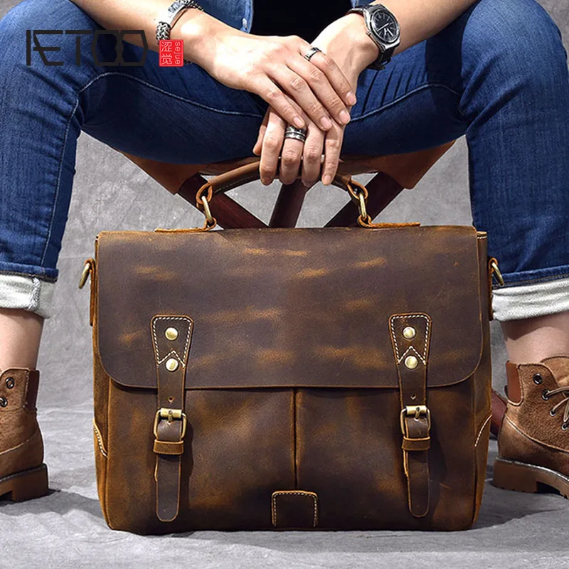 

Retro Men's Crazy Horse Skin Messenger Bag Portable Leather Briefcase Leather Shoulder Crossbody Bag