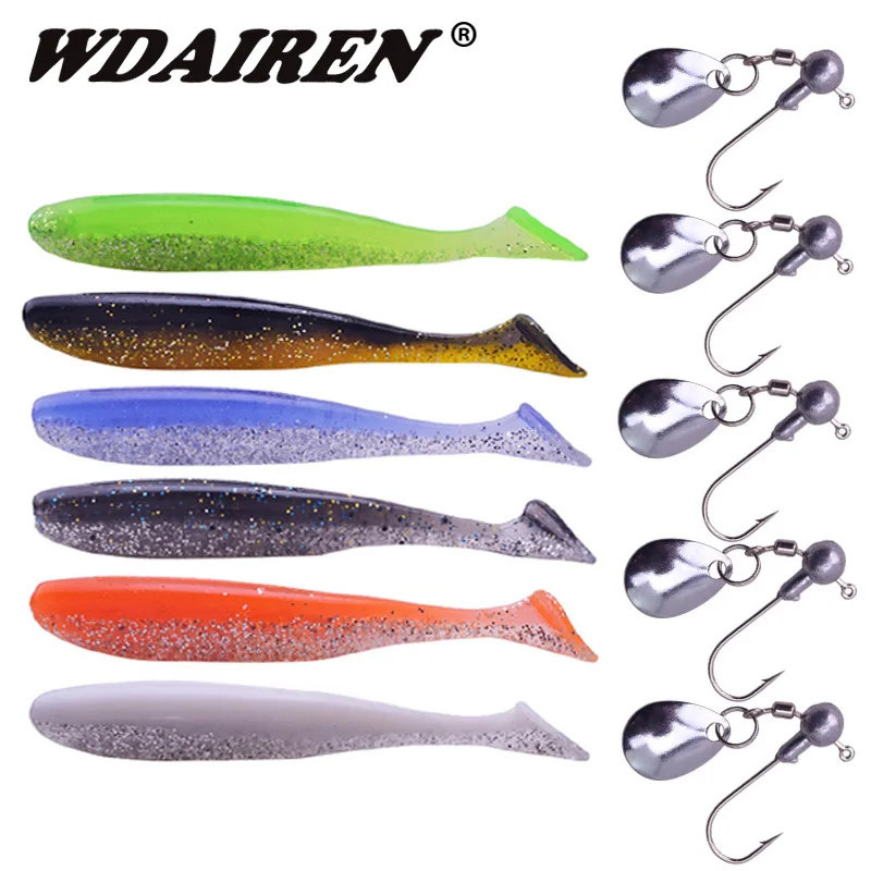 

Rotating Metal Spoon Bait Jig Head Soft Lure set Artificial Rubber Fishing Bait Abdomen open Paddle Tail Bass Minnow lures kit