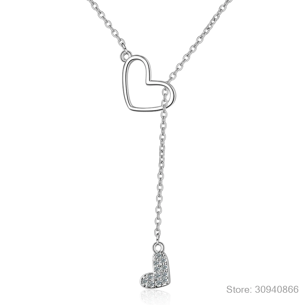 Цирконий двойной Любовь Сердце регулируемый короткий свитер цепь ожерелье для женщин 925 серебро ожерелье S-N323