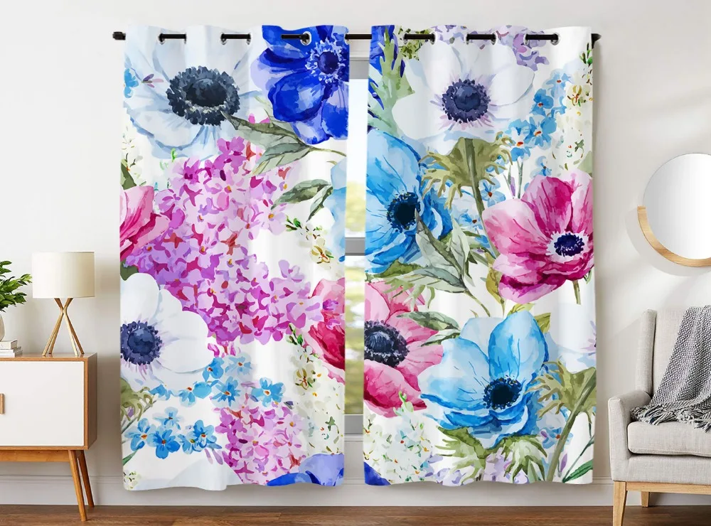 

Blackout Curtains 2 Panels Grommet Curtains for Kids Bedroom Colorful Magnolia Flower Hydrangea Poppies Pink Blue