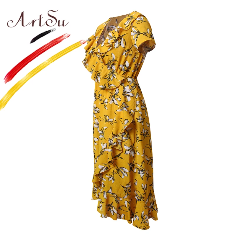 ArtSu النساء عارضة قصيرة الأكمام اللباس الصيف الخامس الرقبة الكشكشة مثير شاطئ Vestidos دي فيستا الأزياء الأزهار طباعة بوهو اللباس الأصفر