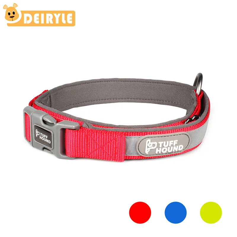 

DEIRYLE Padded 3M Reflective Dog Collars 3 Colors Soft Comfy Adjustable Night Safety Nylon Collars for Puppy Medium Large Dogs