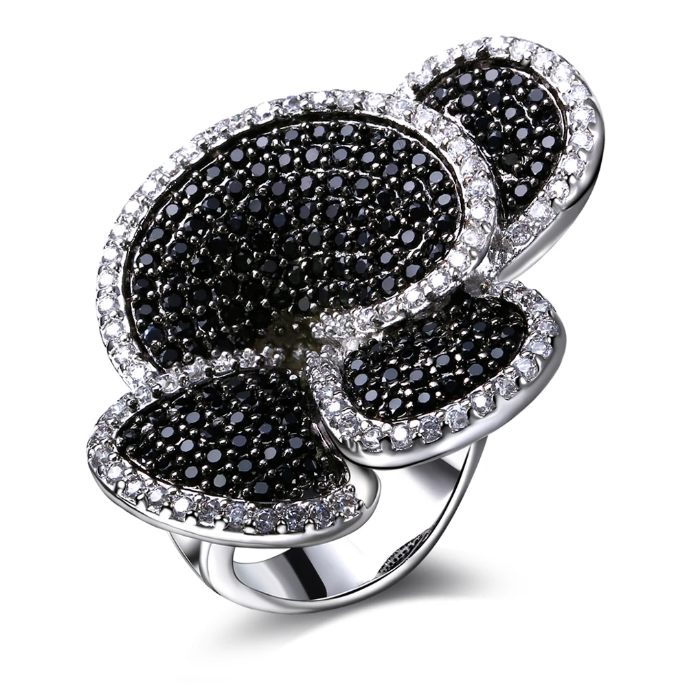 Latest Design Flower Shape Cubic Zirconia Stone Engagement Rings Black White Allergy Free Cutie Big Rings