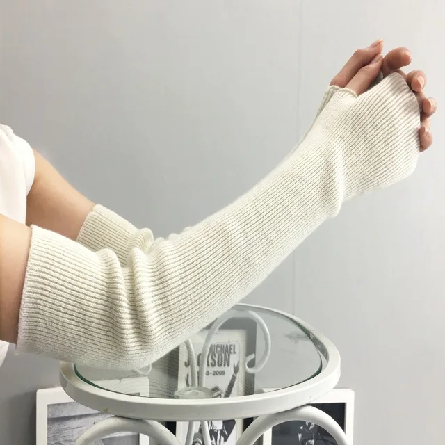 Women Winter Arm Warmers Cashmere Fingerless Long Gloves Solid Warm Mittens Elbow Thread Knitted Sleeves 46cm Glove
