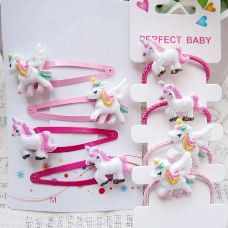 1 set Glitter Unicorn Hair Accessories Baby Pins Hair Clips Elastic