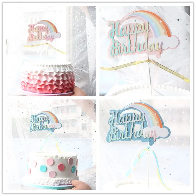 

Glitter Pink Blue Biling Rainbow Cloud Unicorn "Happy Birthday" Cake Topper for Party Decoration Dessert lovely Gifts