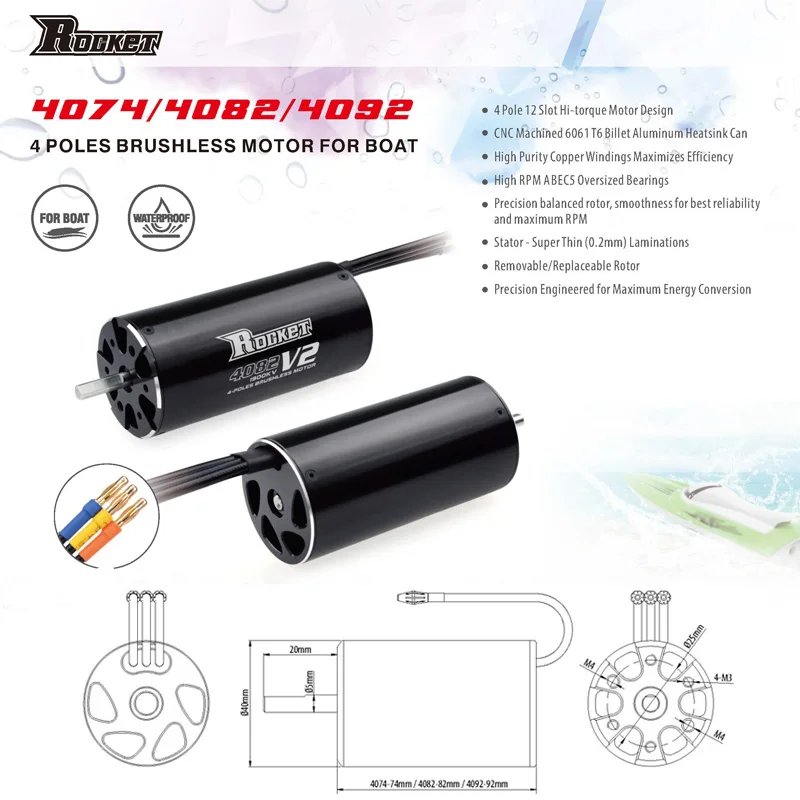 Бесщеточный мотор Rocket 4074 2250KV 2000KV 1700KV 4P для мотора Traxxas M41 Catamaran Spartan 1000 мм (или выше)