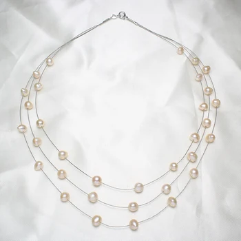 

YYW New Wedding Women Bridal Girl Natural Real Freshwater Pearl Necklace Pearl Beaded 3-strand Multilayer Choker Necklace