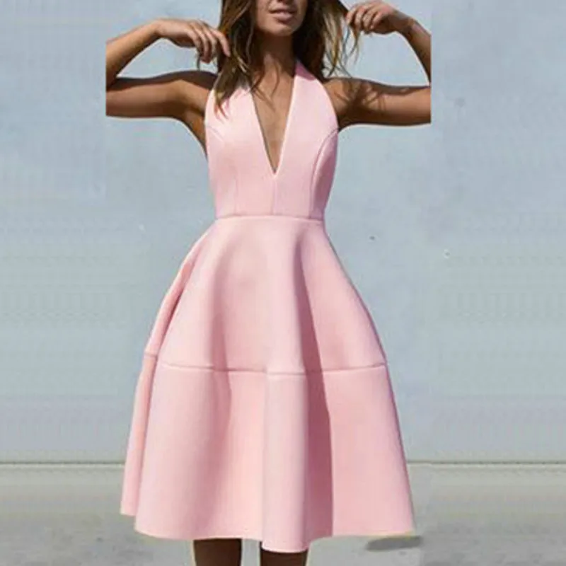

Summer Dress Pink Halter Elegant Backless V Neck Solid A Line Dresses Female Vacation Femme Beachwear Sleeveless Robes Tunics