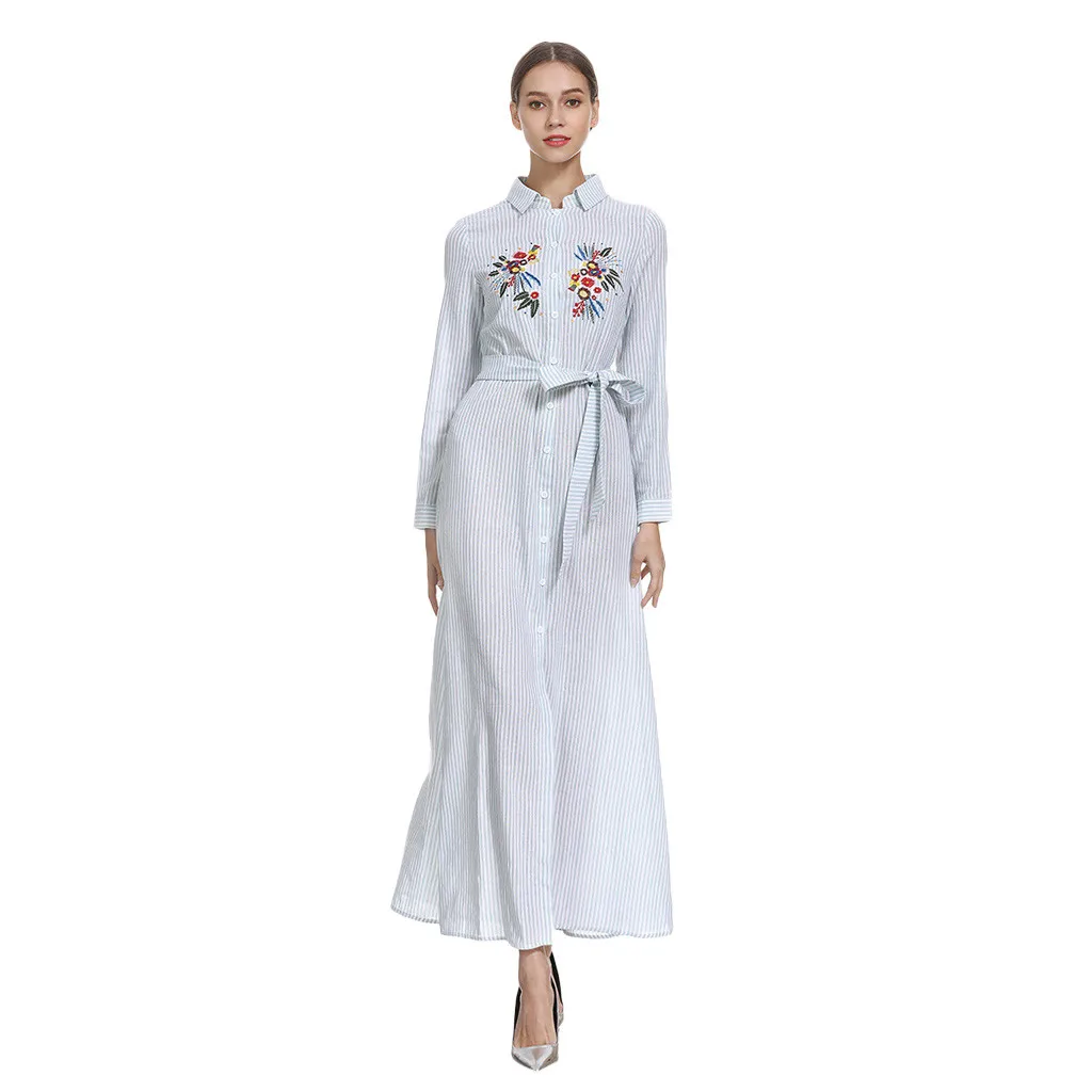 

Muslim New Women Striped Long Sleeve Maxi Arab Dress Islam Jilbab Dress Embroidery Sashes Women's Dresses Ankle Length Robe