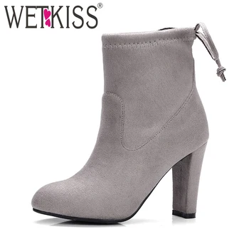 

WETKISS Latest Fashion 9 Colors Woman Ankle Boot Stretch Flock Round toe High Heels Lady Boot Lace Female Booties Women Shoes