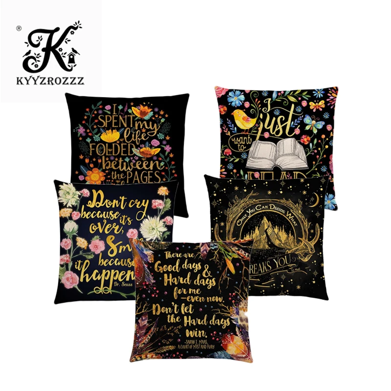 

Black Golden Floral Pattern Beautiful Language Gorgeous Words Decorative Letters Story Text Cushion Cover Sofa Throw Pillow Case