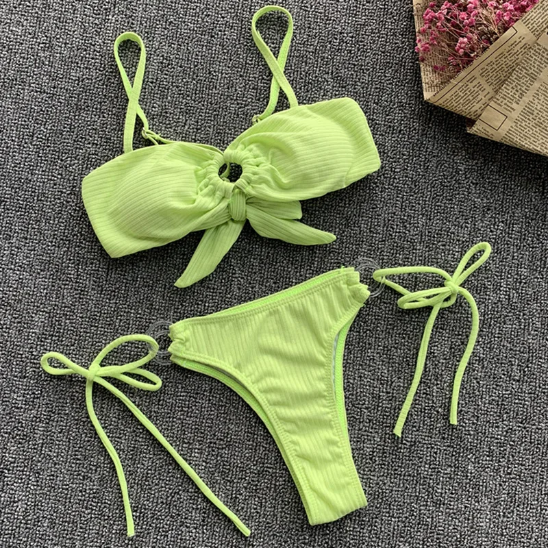 

Ribbed Thong bikini 2019 Women String Bandeau swimsuit Female Rings swimwear Two pieces Bikini set Brazilian bathing suit swim