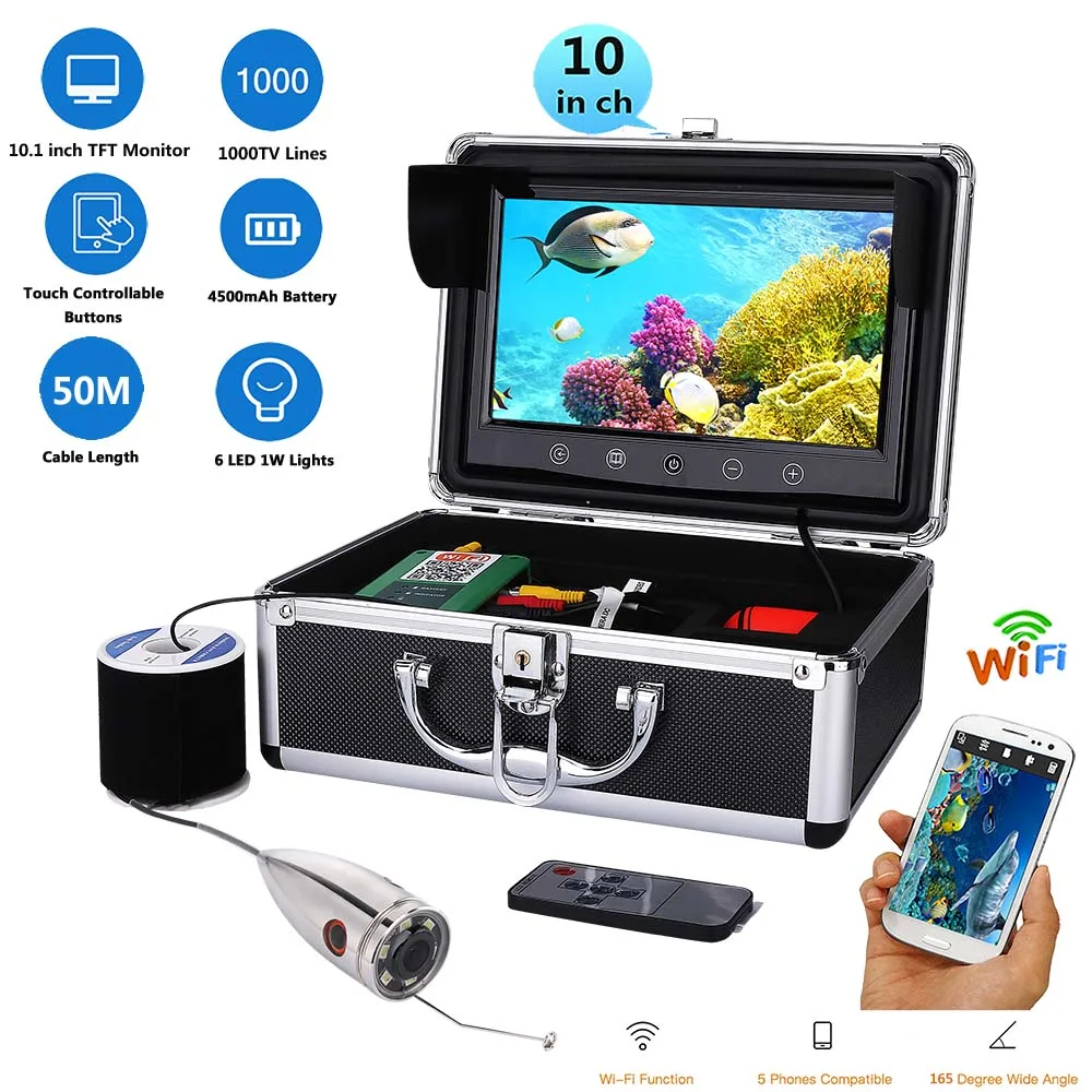 

MOUNTAINONE 10" Inch Color Monitor 720P 1000tvl Underwater Fishing Video Camera Kit 50m Cable Fish Finder WiFi Wireless