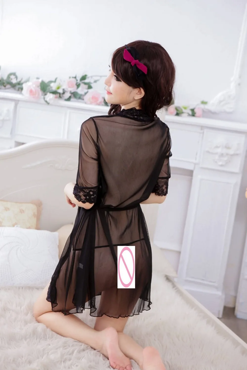 Transparent Dress With Flowers Sexy Mesh Lace Pajamas Mini Skirt Transparent Exposed Breasts Long Sleeve Underwear Chemises (2)