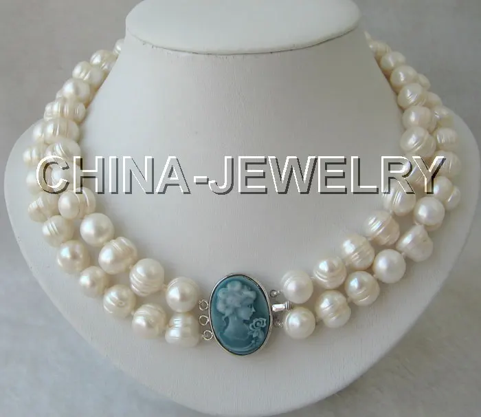 

Free shipping >>>>>17-18" 2row 13mm white flaw round freshwater pearl necklace-cameo clasp