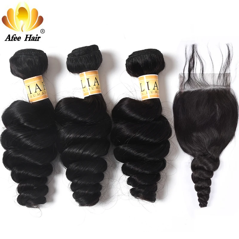Aliafee Hair Malaysian loose Wave Bundles With Closure 100% Human Hair Extension Malaysian Hair Bundles With Closure Non Remy