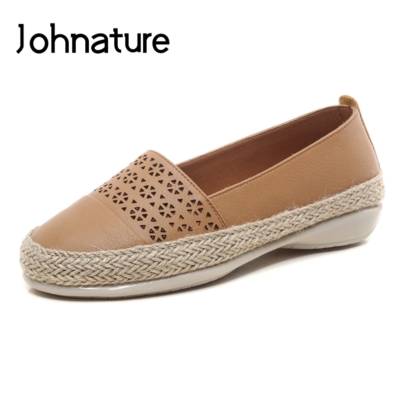 

Johnature 2019 New Summer Genuine Leather Handmade Comfortable Round Toe Shallow Hollow Soft soled Loafers Women Shoes Flats