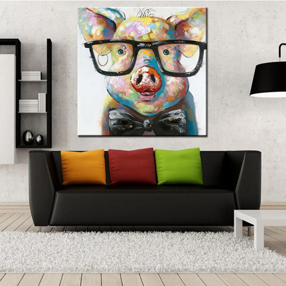 Handpainted Abstract Art Wearing Glasses Pig Painting On Canvas Home Decor Animal Painting For Kids Room - Painting & Calligraphy -