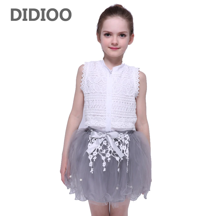 

Baby Kids Clothing Sets For Girls Lace Blouses & Skirts 2Pcs Sleeveless Children Outfits Summer Mesh Skirts For Girls Shirts