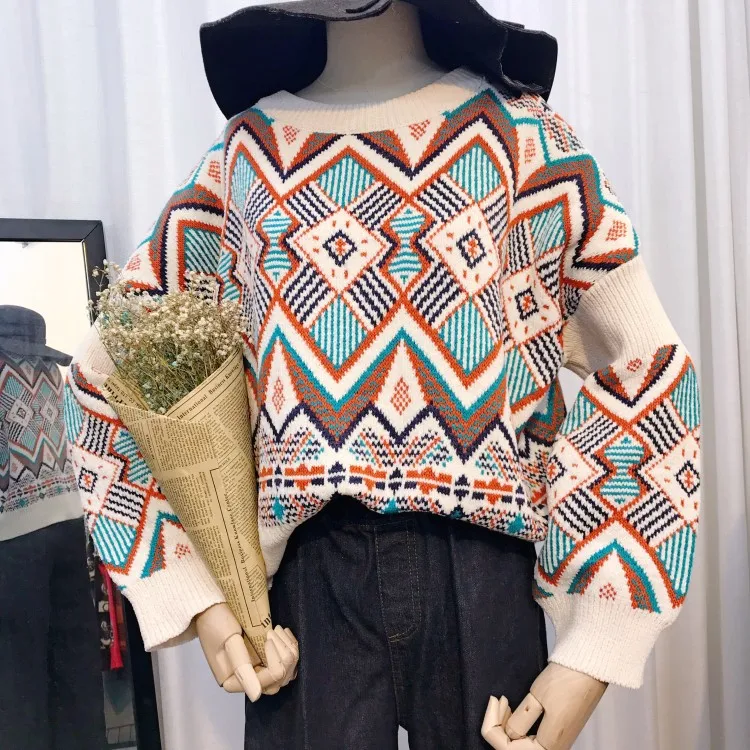 Винтажные женские джемперы с геометрическим узором, Рождественский свитер, пуловер, топы, вязаное пальто, зимний женский толстый короткий свитер большого размера