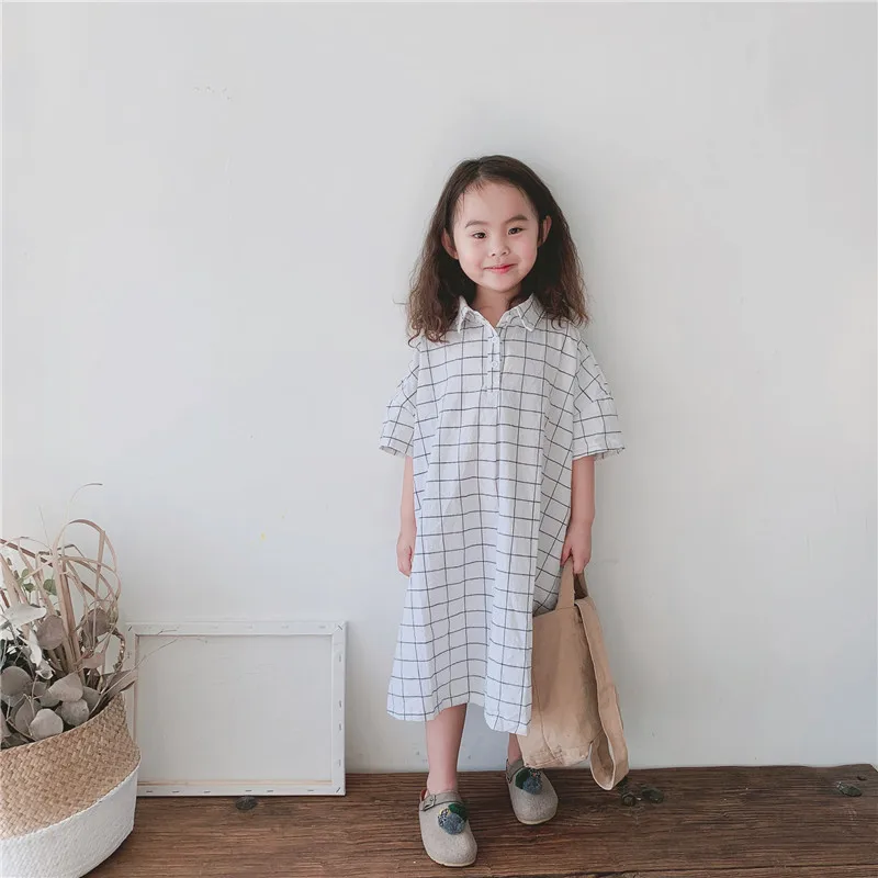 

Korean style baby girls cotton loose plaid shirt dresses 2-6 years children all-match short sleeve turn-down collar dress