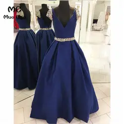 2018 темно-синие длинные вечерние платья с двойным глубоким v-образным вырезом атласные с коротким рукавом Vestido Longo бисерное вечернее платье