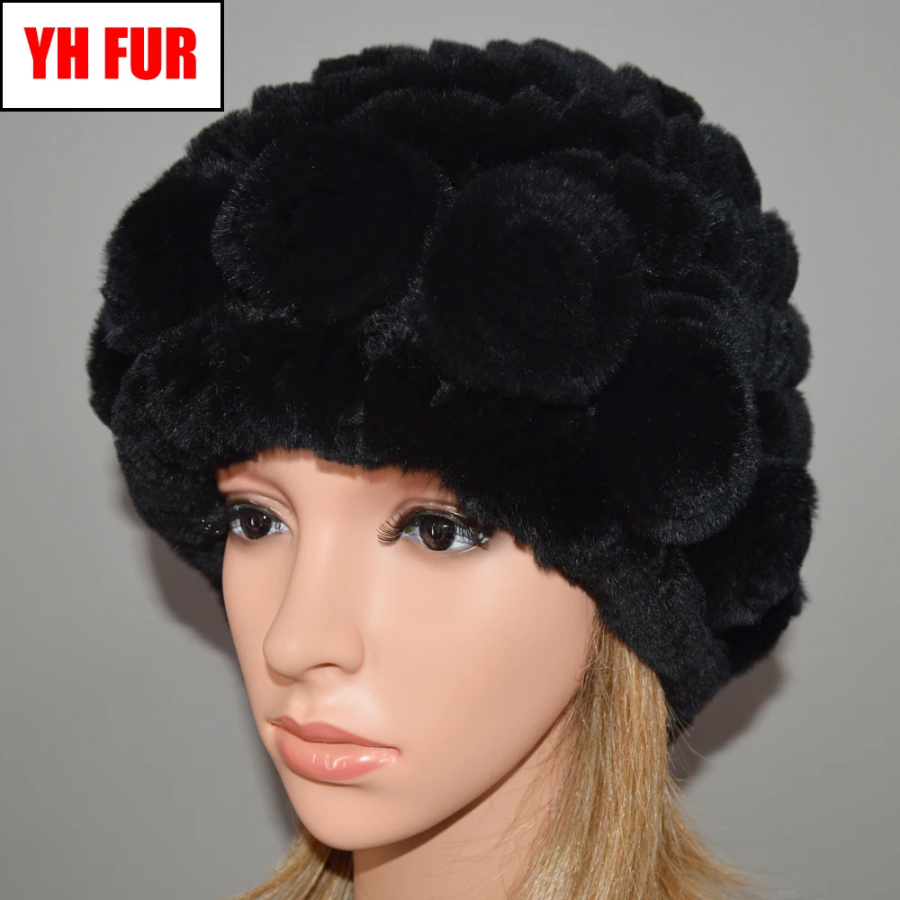 Для женщин натуральная Трикотажные кролика рекс меховая шапка зимняя вязаный цветок Кепки Для женщин Настоящий мех кролика шапки бини шапки Шапки оптом и в розницу