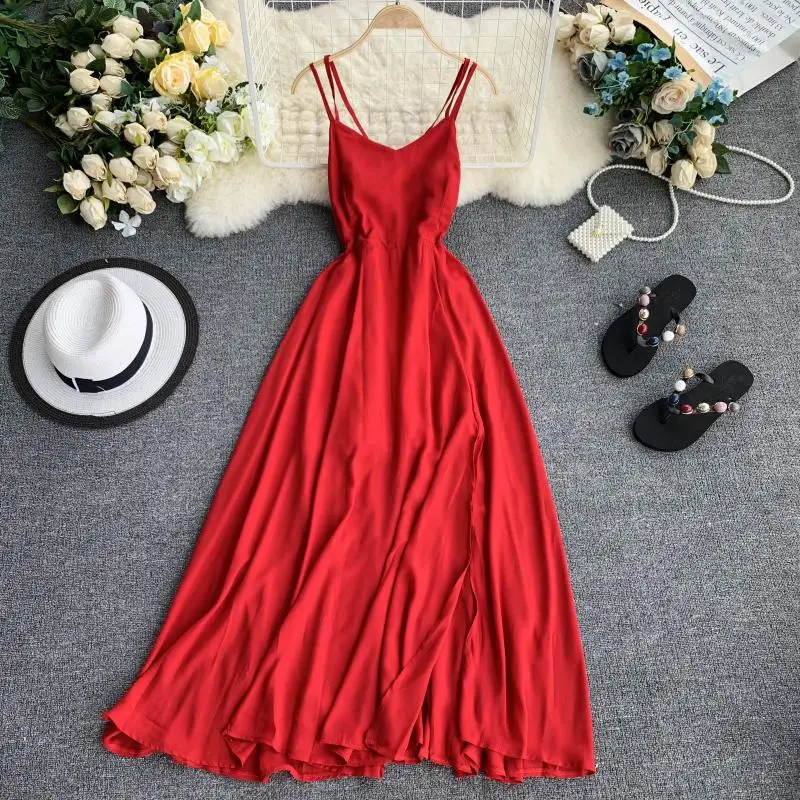 

2019 New Fashion Women's Red Dresses Holiday Long Suspender Dress V-neck Open Back Cross Waist Slimming Maxi Long Beach Dresses