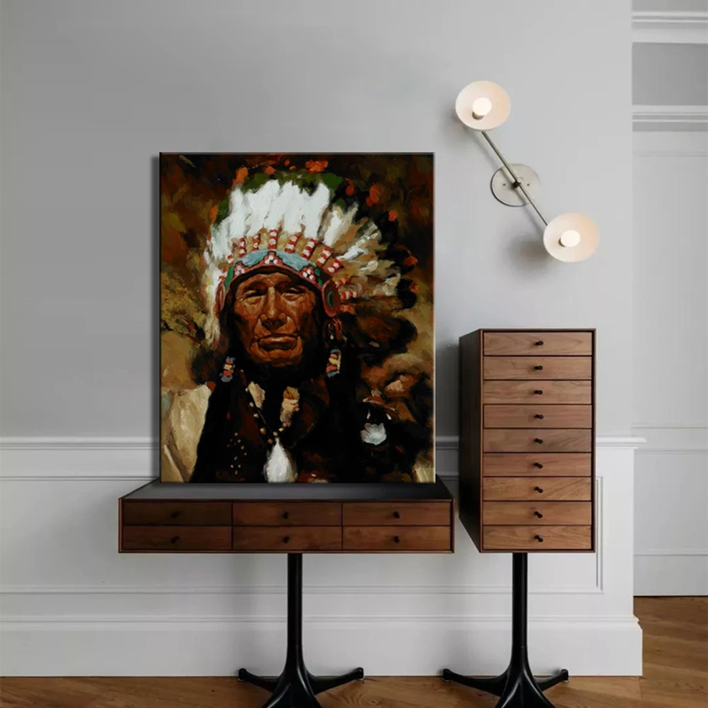 

Canvas Print Native Indian Feathered Chief Old Man Art Portrait Home Decor Painting for Hallway Kitchen Room Wall Decor Dropship