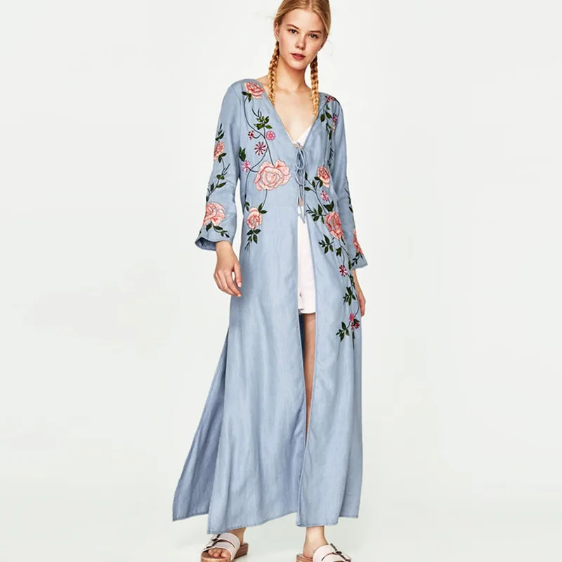 Kimono Cardigan Casual Womens Tops And Blouses Kimono Cardigan Floral Summer Long V-neck Lace Floral Embroidery Denim Cowboy