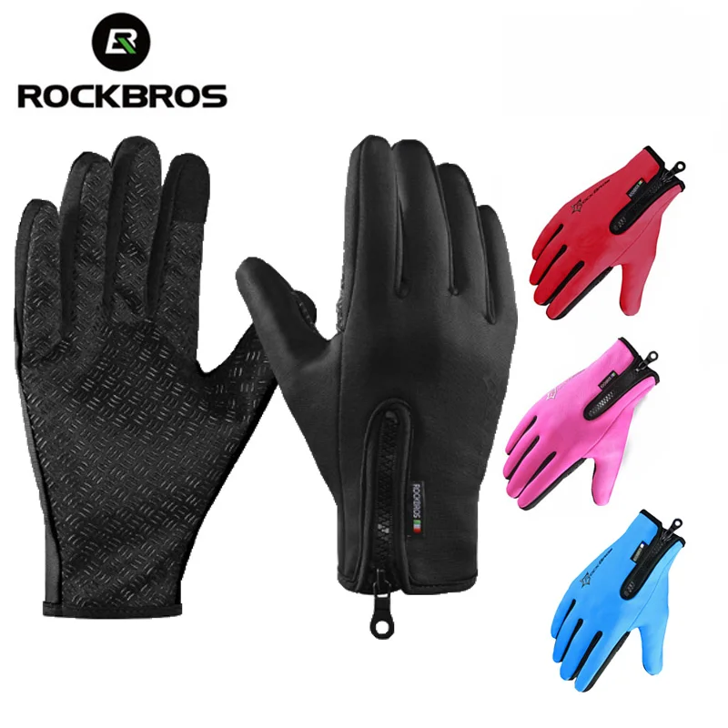 ROCKBROS الشتاء مكافحة الانزلاق على الجليد تزلج كامل الإصبع قفازات الحرارية للماء التزلج قفاز الرجال النساء دراجة نارية الدراجات قفاز