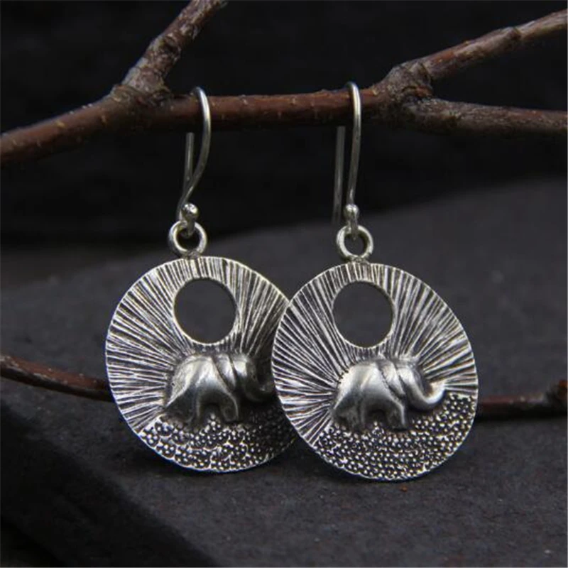 

100% Handmade Women Bohemian Ethnic 925 Sterling Thai Silver Round Elephant Drop Earrings Simple Design Vintage Dangle Earrings