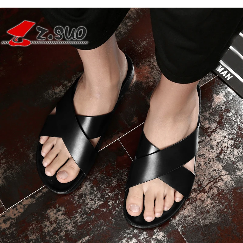 

Z.Suo Slippers Men 2018 Soft Black Shoes Male Slides Cow Leather Flat Mens Fashion Flip Flops Summer Man Slippers Big Size 38-46