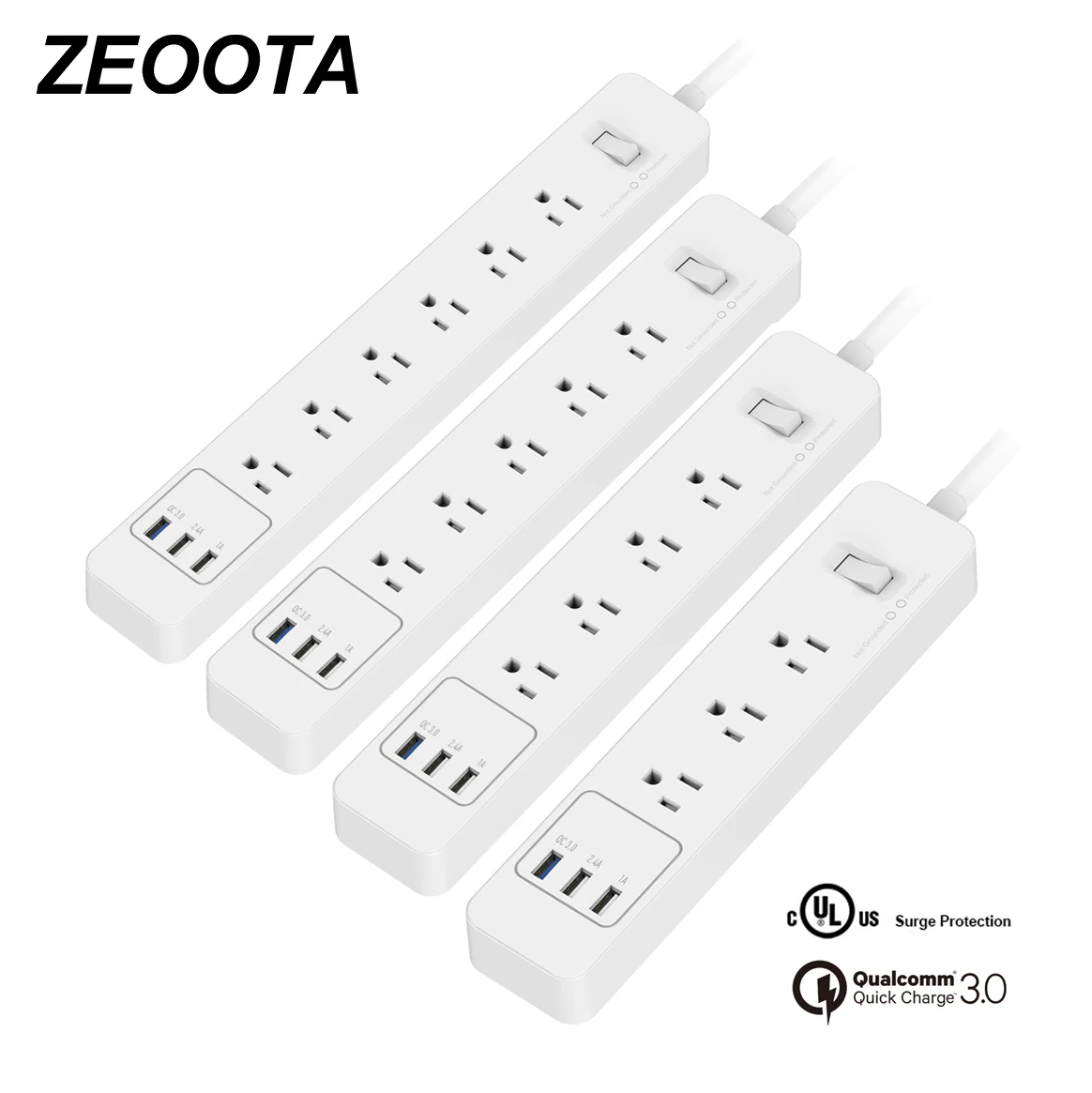 

Power Strip 3/4/5/6 AC Outlets Sockets US Plug Surge Protector 3 USB QC3.0 Fast/Rapid/Quick Charger with 1.5m Extension Cord