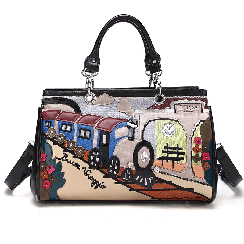 

2018 Women Shoulder Bag Italy Desiger Handmade Embroidery Stitching Retro Handbag Train Pattern Fashion Shoulder Message-bags