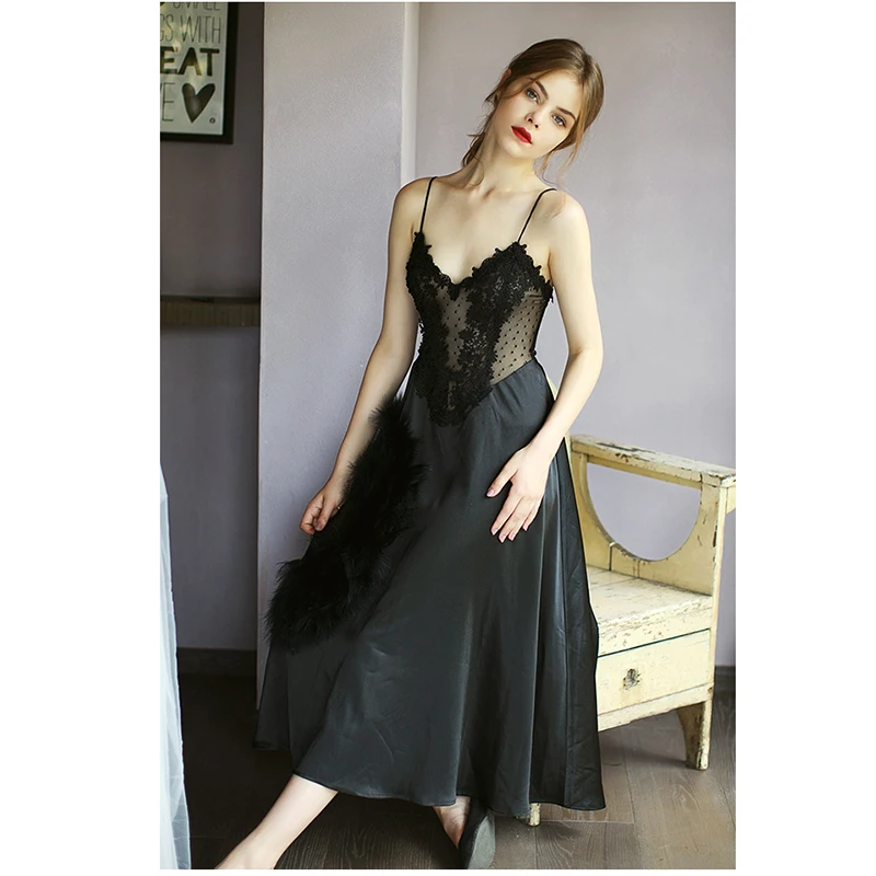 Sexy Lace Silk Satin Emboridery Deep V Neck Sleeveless Nightgowns Women 