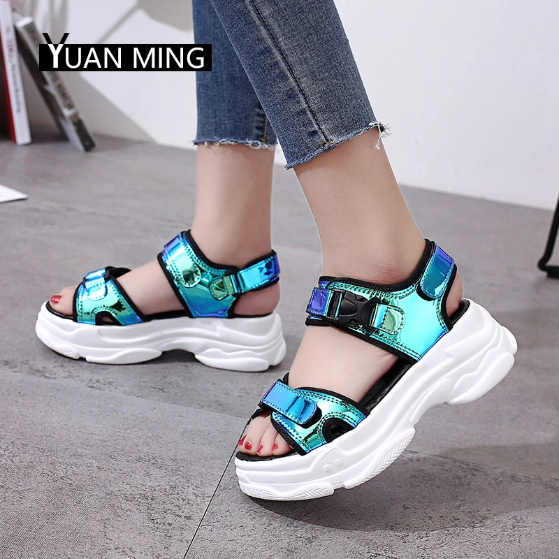 

YUANMING Women Sandals Summer Sandals 2019 New Fashion Ladies Casual Shoes Bling Wedges Buckle Strap Platform Shoes