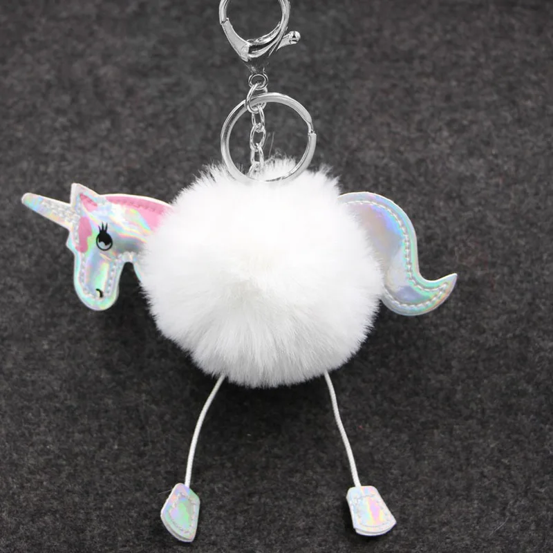 Милый пушистый меховой помпон Единорог брелок для Для женщин искусственного меха кролика мяч Pom лошадь Брелки Женская сумка Подвески брелок подарок - Цвет: White