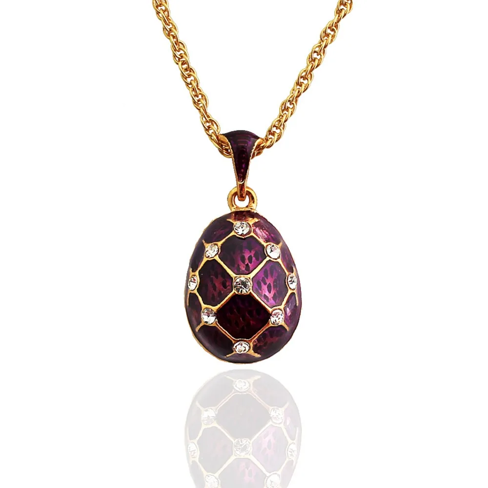High Quality Hottest Enamel Handmade Brass Faberge Egg Pendant Charm Crystal Rhinestone Necklace