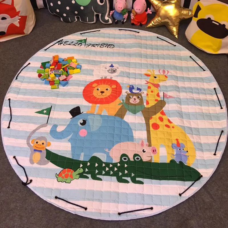 Cartoon Round Infant Crawling Mat Children Toys Storage Bag Baby Kids Floor Play Mat Drawstring Toy Storage Organizer